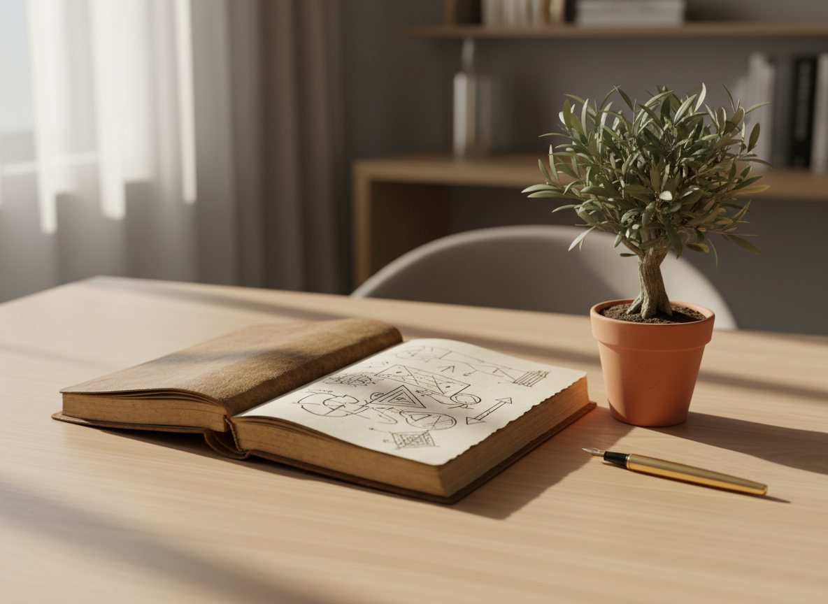 A well-worn leather journal lying open on a smooth wooden desk, its cream-colored pages filled with elegant, handwritten reflections about faith and growth represented only by subtle ink lines and abstract diagrams. Beside it rests a simple gold fountain pen and a small, potted olive tree with fresh green leaves, suggesting steady spiritual growth. Soft morning sunlight filters through an unseen window, casting gentle, elongated shadows and warm highlights across the wood grain. The background is softly blurred, hinting at a tidy, modern study with neutral tones. Photographic realism, shot at eye level with a shallow depth of field, creates an intimate, contemplative mood that feels sophisticated, calm, and focused on inner wisdom and discernment.