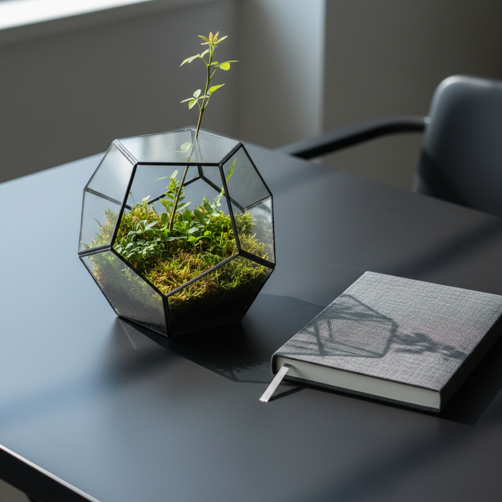 A sleek, modern glass terrarium shaped like a geometric prism, placed on a matte black desk surface, containing a thriving miniature ecosystem of moss, tiny ferns, and a small sapling reaching upward toward the glass. On the desk beside it lies a closed, charcoal-gray hardcover notebook with a subtle fabric texture and a silver bookmark peeking out. Soft, cool daylight enters from a nearby window, creating crisp reflections on the terrarium’s edges and clean shadows that angle across the desk. Photographic realism with a centered composition and shallow depth of field conveys a sense of intentional growth, self-awareness, and cultivated wisdom within a contemporary, sophisticated workspace.