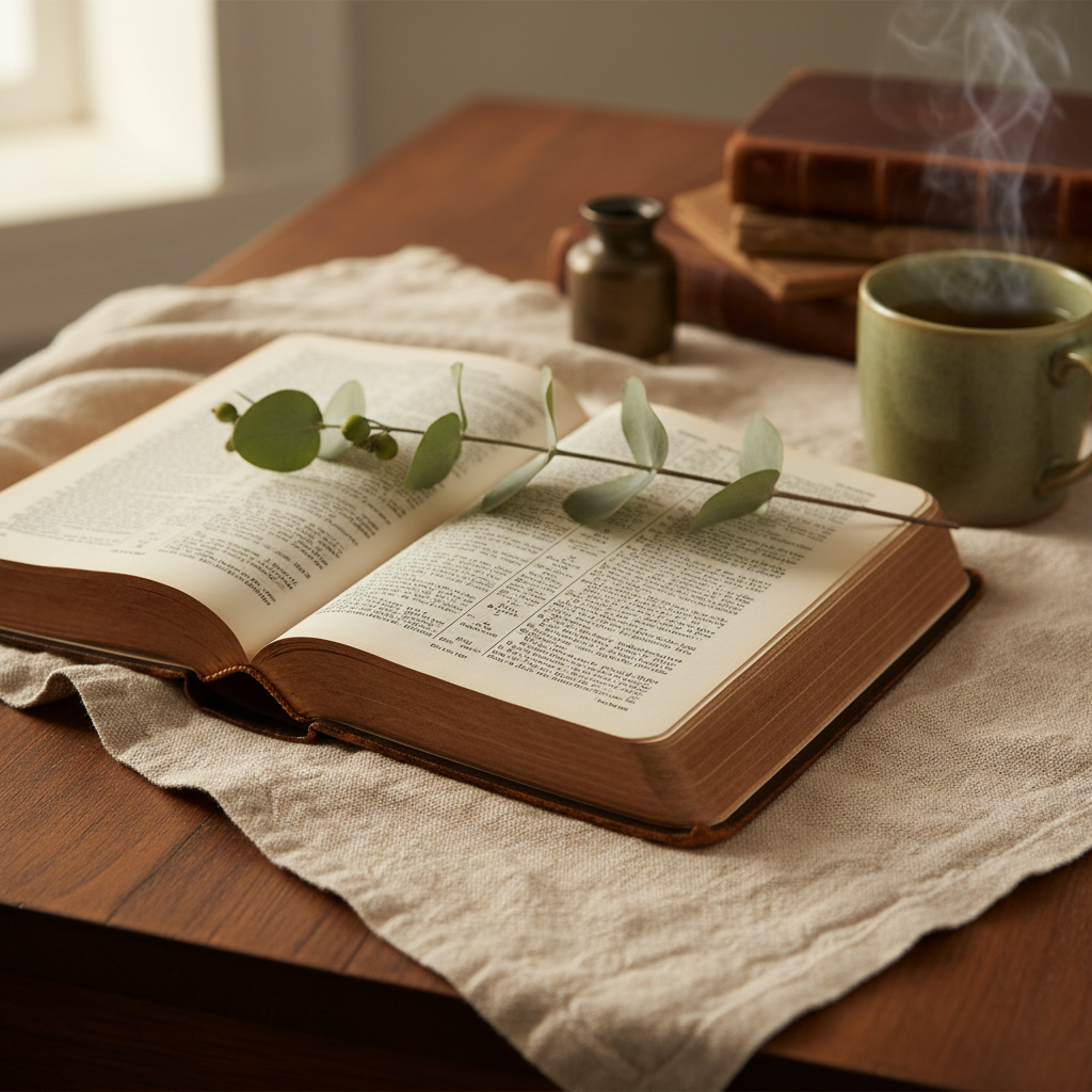 An open Bible resting on a richly textured linen cloth atop a dark wooden table, its thin pages slightly curled at the edges, showing signs of frequent use. A sprig of fresh eucalyptus lies diagonally across the margins, adding a gentle green accent and symbolizing renewal. A ceramic mug of herbal tea with rising steam sits off to the side, out of focus. Soft, diffused afternoon light pours in from the left, illuminating the delicate page edges and fine print without revealing any legible text. Photographic realism, captured from a slightly overhead angle with a shallow depth of field, creates a warm, sophisticated study setting that suggests reflection, prayer, and steady faith-based growth.