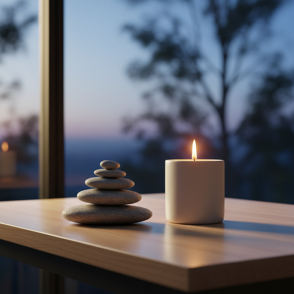 A single lit candle in a matte white ceramic holder placed at the edge of a minimal, light-wood table, its small flame reflected faintly on the polished surface. Nearby, a stack of smooth river stones rises from largest to smallest, symbolizing layered wisdom and emotional balance. In the background, a large window reveals only a softly blurred suggestion of treetops at dusk, with the sky shifting from pale blue to deep indigo. Golden hour light mixes with the candle’s warm glow, creating delicate highlights and soft, encircling shadows. Photographic realism, shot from a slightly elevated angle with the candle on the rule of thirds, evokes a serene, introspective atmosphere of faith, stillness, and quiet discernment.