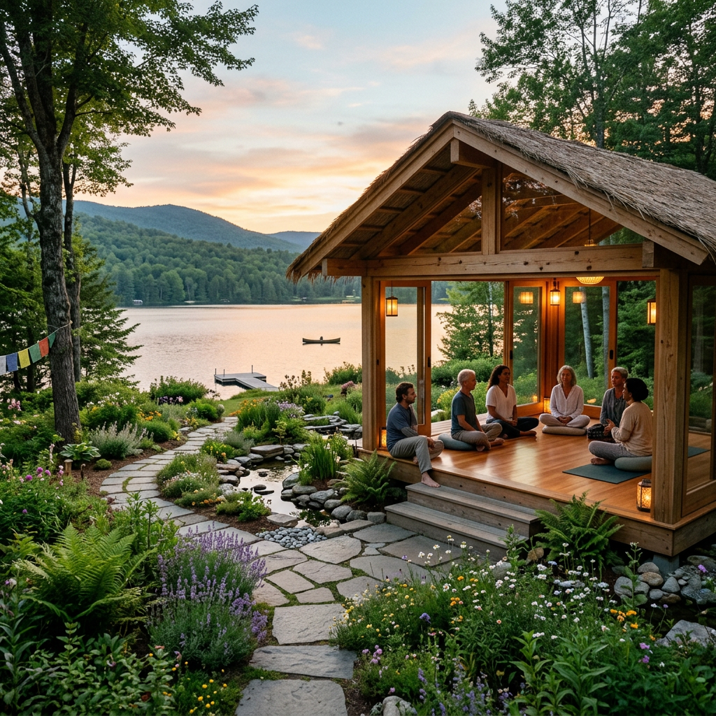 Peaceful lakeside retreat representing reflection, personal growth, inner peace, and self-awareness.