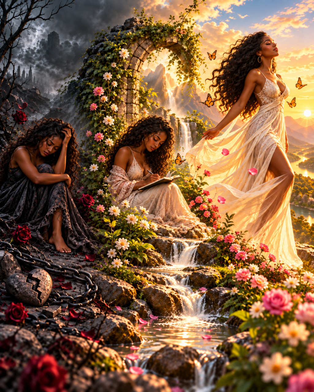 Black woman shown in three stages of transformation, moving from pain and darkness to reflection, healing, and freedom surrounded by flowers, flowing water, butterflies, and golden light.